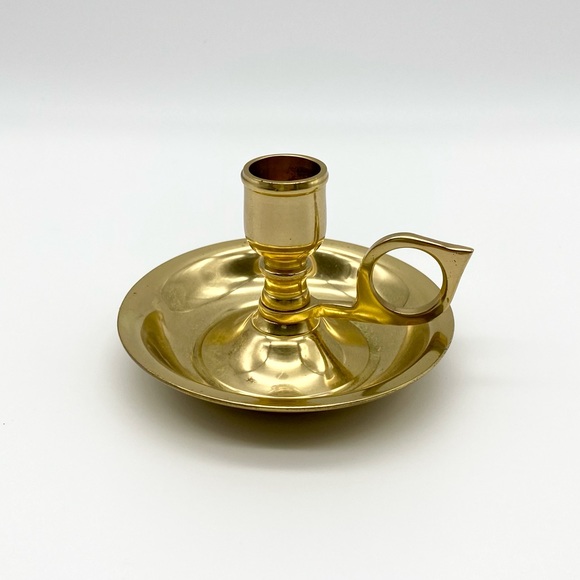 Vintage brass candlestick holder dish with ring